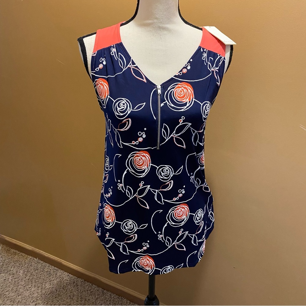 Emi & Joe polyester rosé embroidered print zips at neckline sz S NWT shirt